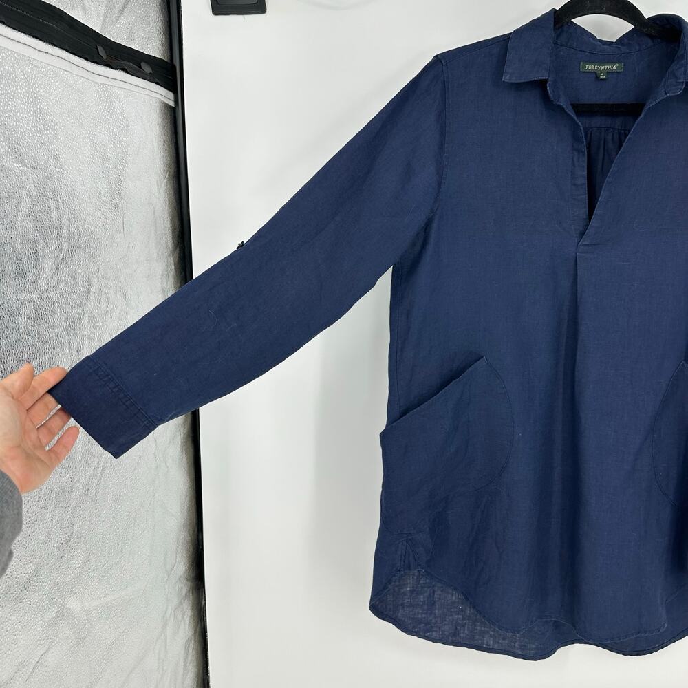 For Cynthia Womens Long Sleeve 100% Linen Top Navy Lagenlook Coastal Minimalist - Picture 4 of 12